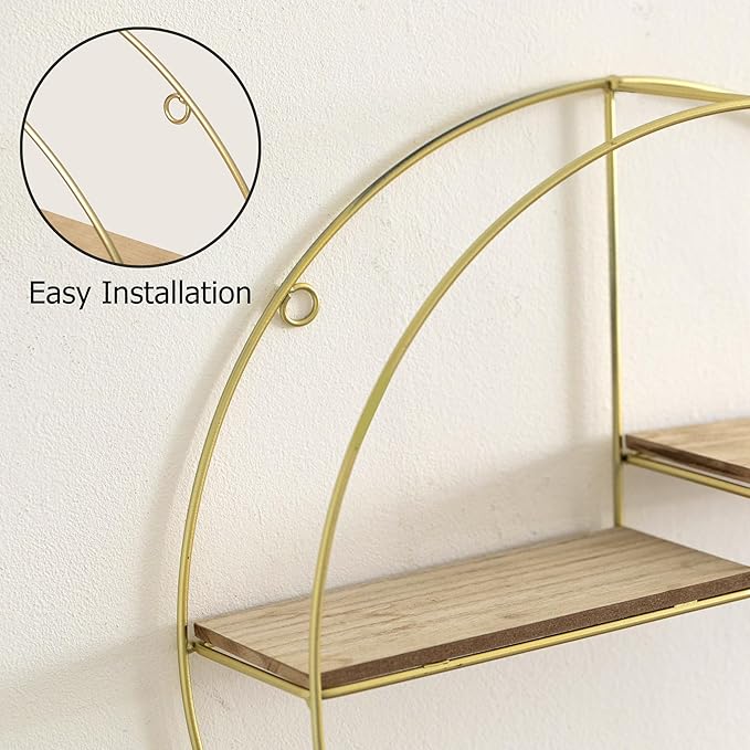 Vintiquewise Elegant 3-Tier Decorative Floating Geometric Arc Wall Shelf - Semi-Circular Metal and Wood Wall-Mounted Shelf for Entryway, Bathroom, Bedroom, and Living Room Decor, Gold Finish