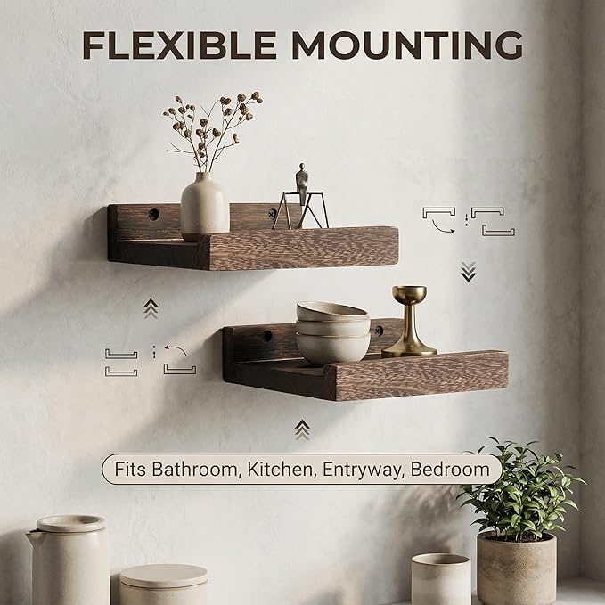 Z metnal Mini Floating Shelves, Small Natural Wooden Display Wall Shelf for Picture Ledge, Pawlownia, Wall Mounted, 6 x 5.5inch, 3 Pack