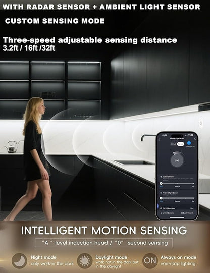 42inch WiFi LED Under Cabinet Lighting Plug in, Radar Motion & Ambient Light Sensor Silicone White 2700K-6500K, Wireless APP Control Dimmable Timing, for Google Home Alexa, for Kitchen Under Counter