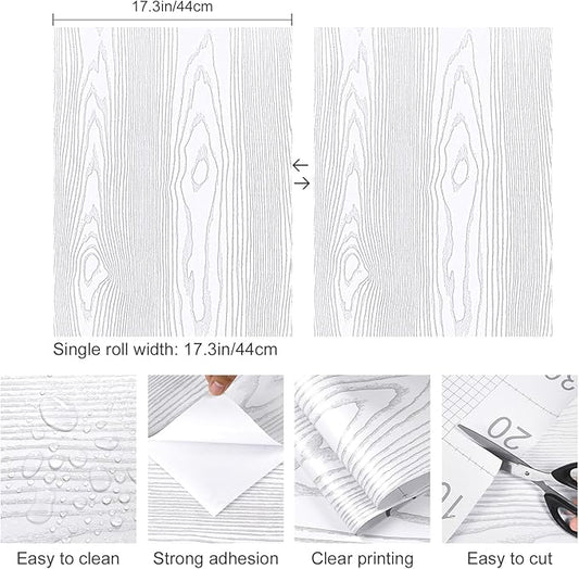 Yun-aeon White and Silver Wood Contact Paper 17.3"x80" Rustic Wooden Peel and Stick Wallpaper Removable Self-Adhesive Wallpaper Wood Grain Contact Paper for Countertops Cabinets