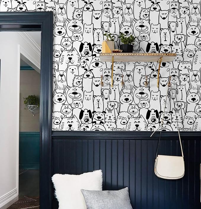 Peel and Stick Wallpaper Contact Paper Black and White Wallpaper Modern Dog Animal Wall Paper Textured Self Adhesive Removable Wallpaper for Nursery Kids Room Shelf Liner Vinyl Roll 78.7