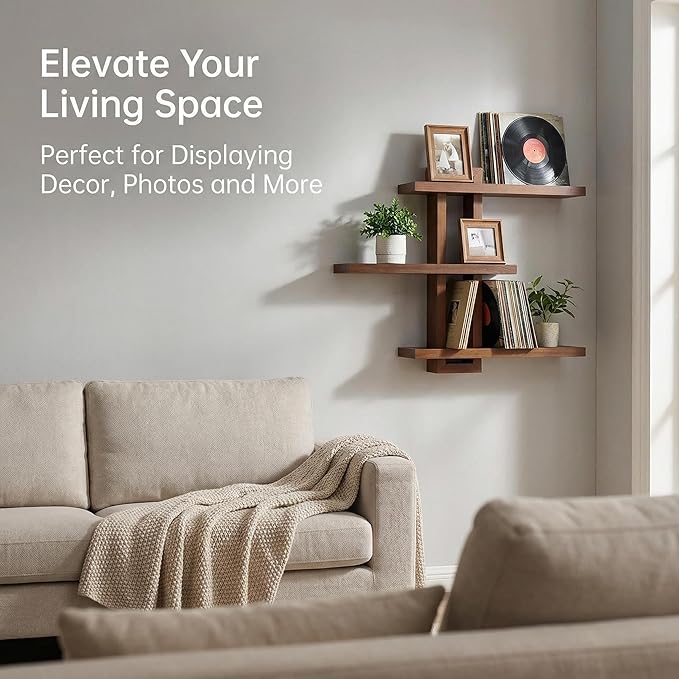 Variable Floating Shelves Wood Set of 3, Cube Wall Mounted Shelves 28.35" Max, Wall Shelves for Living Room Bathroom Bedroom Farmhouse - Light Walnut Color - 28.35" x 23" x 4.3" Max