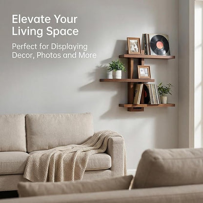 Variable Floating Shelves Wood Set of 3, Cube Wall Mounted Shelves 28.35" Max, Wall Shelves for Living Room Bathroom Bedroom Farmhouse - Light Walnut Color - 28.35" x 23" x 4.3" Max