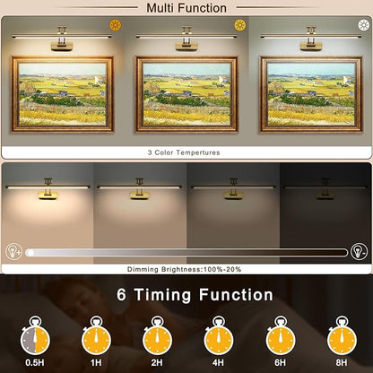 Picture Light Battery Operated with Remote LED Dimmable Picture Light for Paintings, Brass Rechargeable 24 inch Battery Operated Wall Sconce for Art Lighting Gallery Portrait Artwork