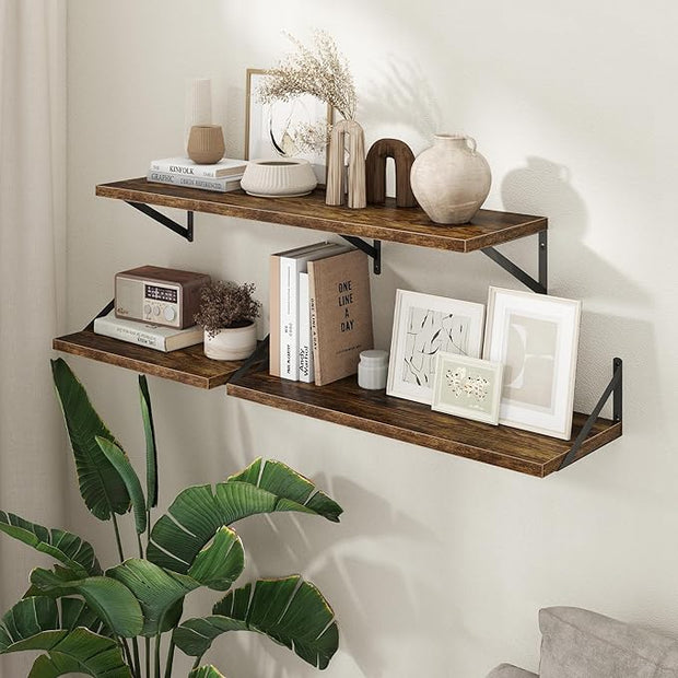 Axeman Deep Floating Shelves - 30 Inch Floating Shelves Set of 2-12 Inch Deep Brown Wood Wall Shelves for Living Room Bathroom Kitchen