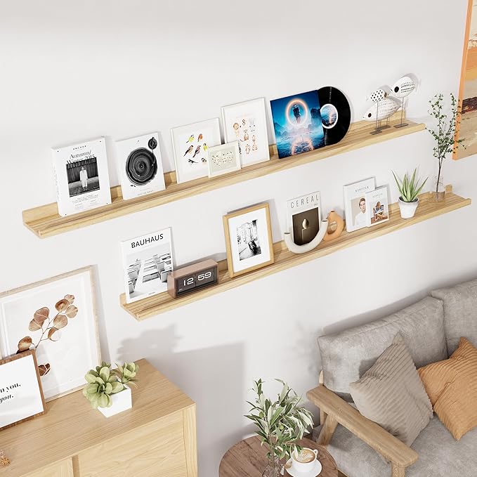 RICHFOCUS Floating Shelves for Wall, 72 inch Solid Wood Picture Ledge Shelf for Wall Storage, Nursery Book Shelves with Lip for Living Room Bathroom Bedroom Kitchen, Set of 2, Natural