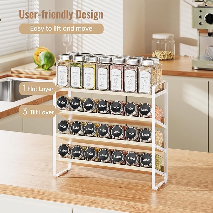 MUDEELA 4 Tier Spice Rack Organizer for Cabinet,Wooden Vertical Spice Shelf, Seasoning Organizer for Countertop, Kitchen, Pantry, Freestanding, 13.4