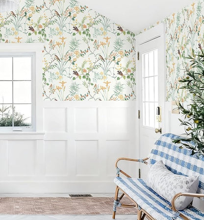 Erfoni 16.9" x197" Modern Floral and Birds Wallpaper Flower Removable Peel and Stick Wallpaper Self Adhesive Wall Paper for Accent Walls Decorative Boho Floral Leaf Contact Paper Colorful Vinyl Roll