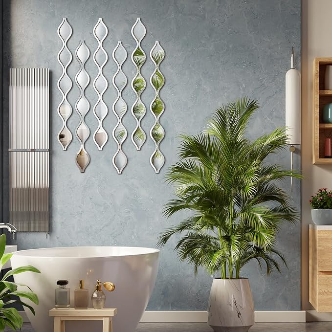 Yulejo 6 Pcs Acrylic Teardrop Mirror Decor Narrow Wall Decor Boho Vintage Wall Art for Apartment Home Living Room Bathroom Bedroom Hallway (Silver Edge)