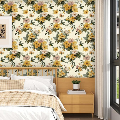 Yellow Floral Wallpaper Peel and Stick, Vintage Botanical Contact Paper 17.5" x 118", Retro Flower Wall Paper Self Adhesive Removable Waterproof for Bathroom Bedroom Shelf Cabinet Drawer Table