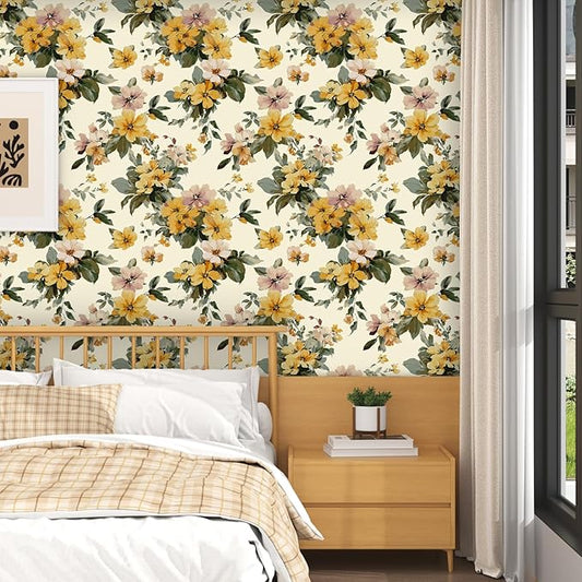 Yellow Floral Wallpaper Peel and Stick, Vintage Botanical Contact Paper 17.5" x 118", Retro Flower Wall Paper Self Adhesive Removable Waterproof for Bathroom Bedroom Shelf Cabinet Drawer Table