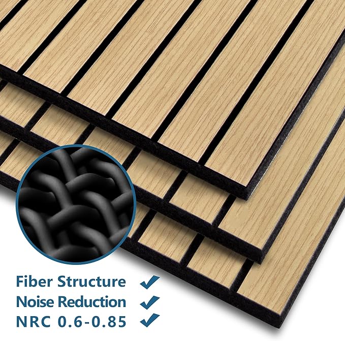 8-Pack Peel and Stick Acoustic Wall Panels, 11.8" x 11.8" PET Soundproof & Noise Cancelling Acoustic Felt, Self-Adhesive 3D Sound Absorbing Slat Wall Paneling for Interior Wall Decor, Natural Oak