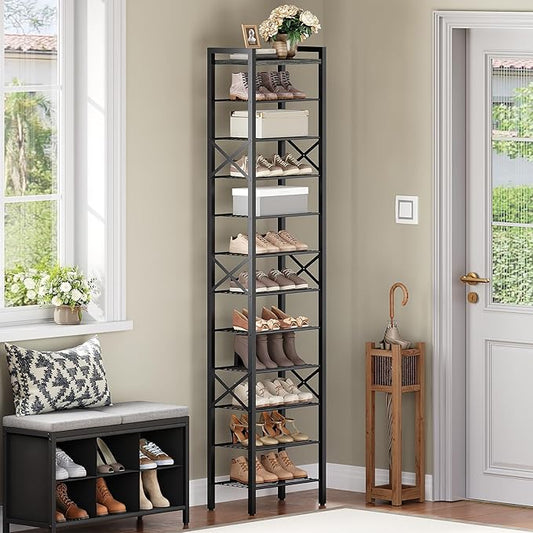 12-Tier Narrow Shoe Rack, Tall Shoe Rack for 12-24 Pairs, Slim Shoe Storage Organizer with Wooden Top, Space Saving, Metal Frame, for Entryway, Charcoal and Black SS61BC