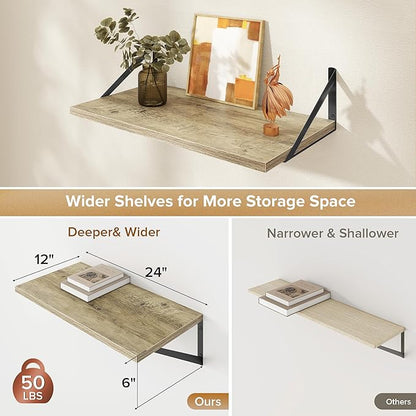 Deep Floating Shelves Wall Mounted, 24"x12" Gray Wall Shelves with Brackets Set of 2 for Bedroom, Living Room, Bathroom, Kitchen, Office - Storage & Display Shelf for Decor, Books, Plants