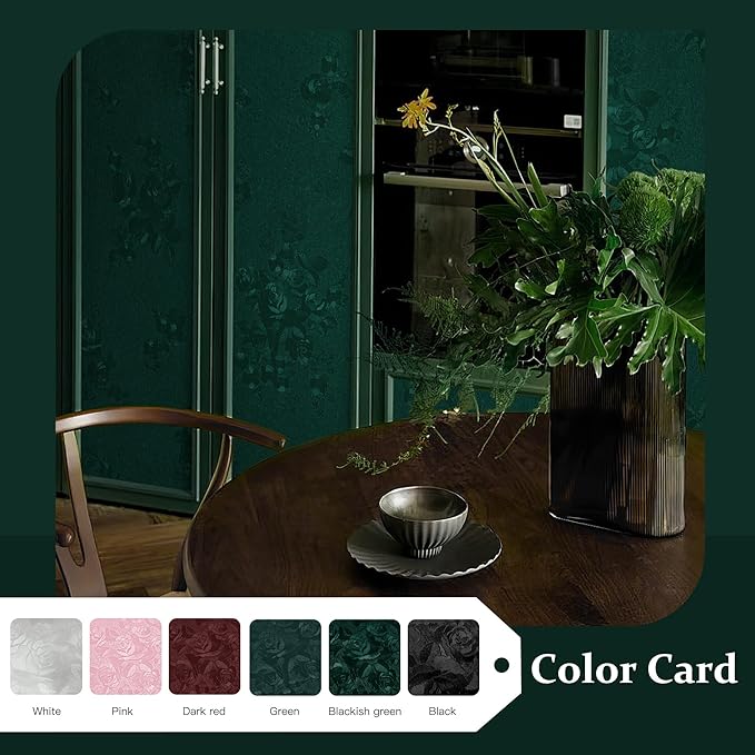 Dimoon 17.7''x236.2''Green Peel and Stick Wallpaper Gothic Floral Wall Paper Contact Paper Closeout Renter Friendly Modern Self Adhesive(236.2''x17.7'', Blackish Green Floral Textured)