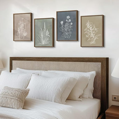 Framed Boho Botanical Wall Art for Living Room, 4 Piece Rustic Floral Canvas Painting Prints, Vintage Minimalist Neutral Flower Artwork for Modern Farmhouse Bedroom Dining Room Office Wall Decor