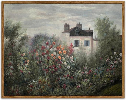 SHENIFY Landscape Framed Canvas Wall Art Vintage Classical Flower Garden Prints Hallway Bathroom Office Decor - 11x14in Natural Framed
