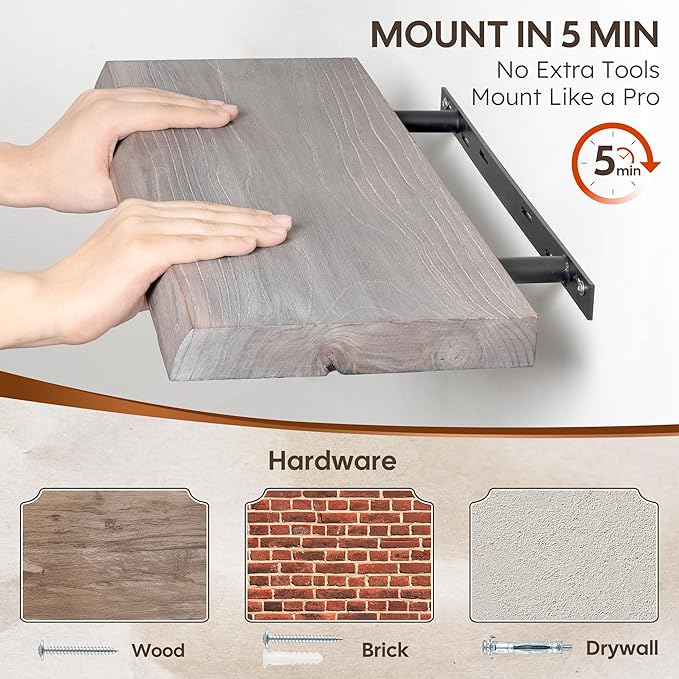 Live Edge Floating Shelves Set of 2, 24 Inch Solid Elm Wood Wall Shelves - Invisible Bracket Mount for Living Room, Bedroom, Kitchen, Bathroom | Weathered Gray