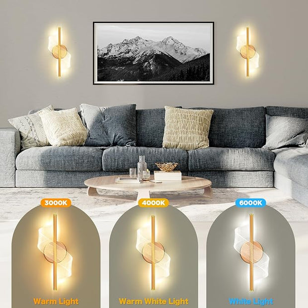 Modern LED Wall Sconce - 12" Height Spiral Wall Lamp with Acrylic Shade - 3000K 4000K 6000K Indoor Hardwired Wall Fixture for Bedroom Living Room Hallway Corridor (Gold 1pack)