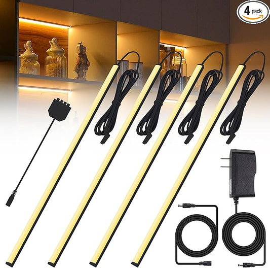 JUSJUBR Black Display Shelf Lighting, 4 Pack x12 Inch Display Lights for Display Case, LED Display Lights with Memory Function, Display Cabinet Lights for Pantry/Shelf/Case, Warm White 3000K