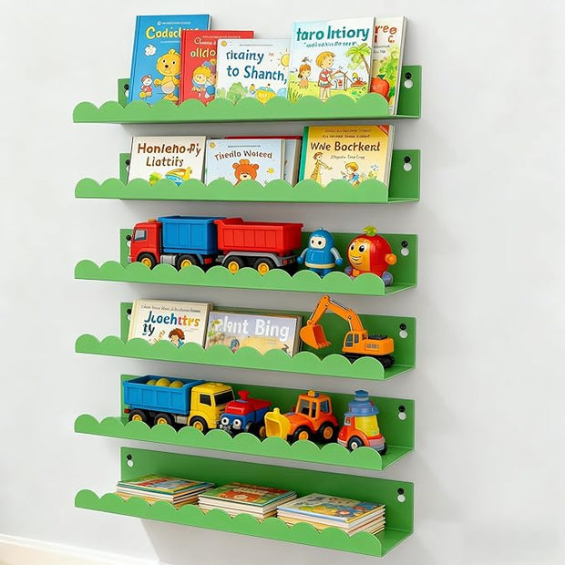 Nursery Book Shelves Set of 6, Green Metal Floating Shelves for Wall, 16 Inch Scalloped Book Shelf for Kids Room, Bathroom, Bedroom, Playroom Wall Decor & Storage