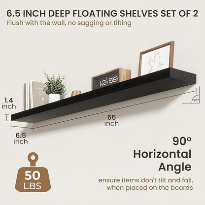 55 Inch Floating Shelves | 6.5 Inch Deep Black Floating Shelves Set of 2 | 55" W x 6.5" D Rustic Black Wood Wall Shelves with Invisible Brackets for Bathroom Living Room Bedroom