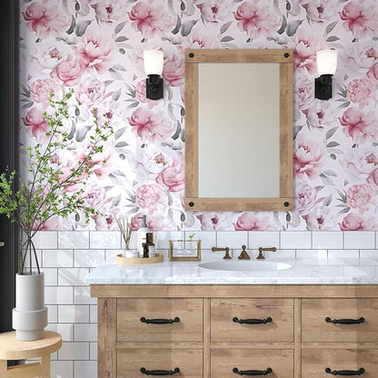 Floral Wallpaper Peel and Stick, Large White & Pink Flowers Contact Paper 17.5" x 393.7", Modern Peony Wall Mural Self Adhesive Removable Waterproof for Room Walls Shelves Cabinet Drawer Table Decor