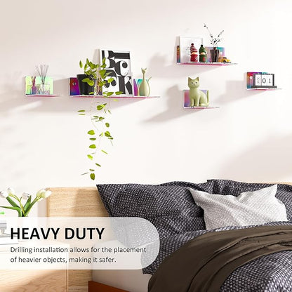 4 Inches Iridescent Small Wall Shelves, 4mm Thickness Acrylic Small Floating Shelf for Figures, Plants, Security Cameras, Speakers, Moisture-Proof, 2 Pack