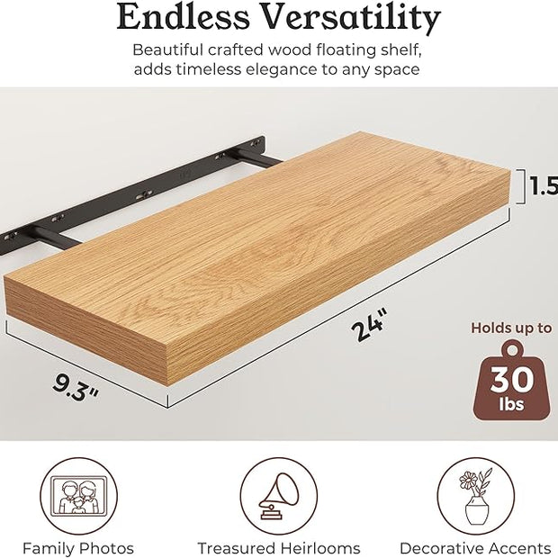 Floating Shelves for Wall, 9.3" Deep Wall Mounted Wood Shelves for Bathroom, Bedroom, Living Room, Kitchen, Hanging Shelf for Books/Storage/Room Decor (Oak, 24")