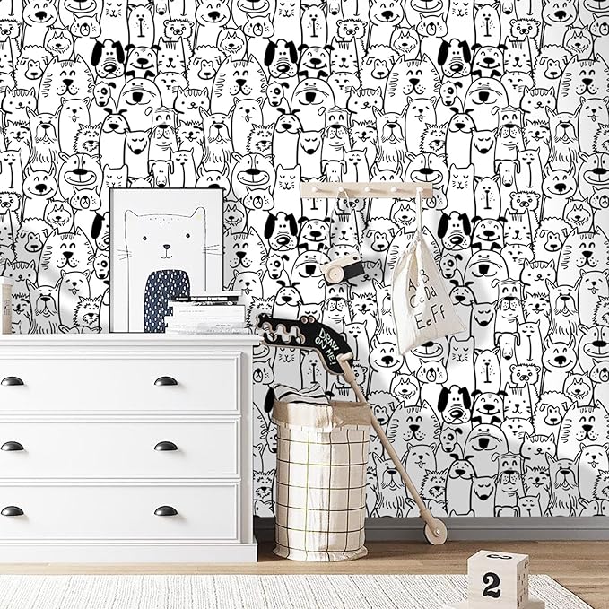 Peel and Stick Wallpaper Contact Paper Black and White Wallpaper Modern Dog Animal Wall Paper Textured Self Adhesive Removable Wallpaper for Nursery Kids Room Shelf Liner Vinyl Roll 78.7"x17.3"