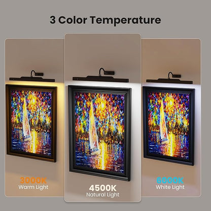 Wireless Dimmable Picture Light Black,16in Battery Operated Art Light for Wall Paintings – 5000mAh Rechargeable, Remote, 3 Color Temps, 350LM Wall Art Light for Frame, Portrait, Dartboard 2 Pack