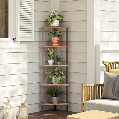 HOOBRO Corner Shelf Stand, Industrial 5-Tier Corner Bookshelf with Metal Frame, Plant Display Shelf, Small Bookcase for Small Spaces, Bedroom, Living Room, Rustic Brown BF33CJ01