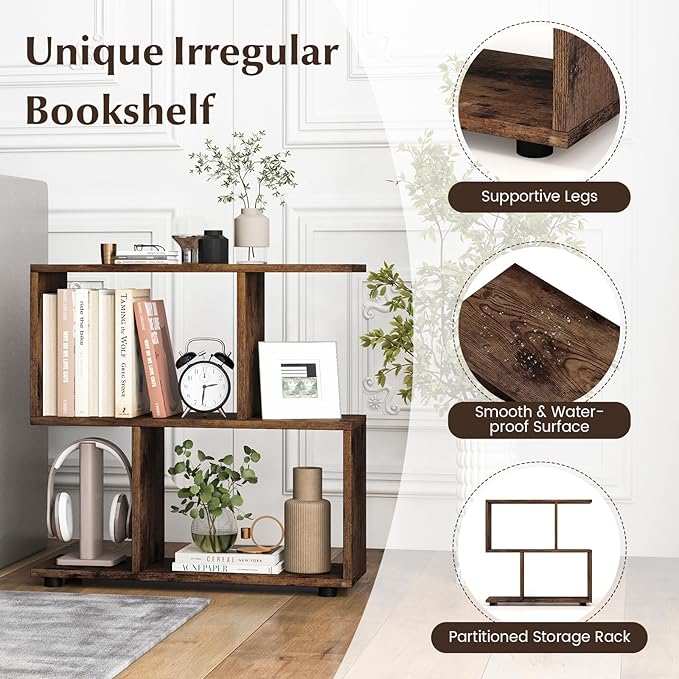 Giantex 3-Tier Geometric Bookshelf, 24" Tall Wood S-Shaped Display Shelves with Thick Foot Pads, Freestanding Open Shelves Nightstand, Floor Standing Display Shelf Bookcase, Brown