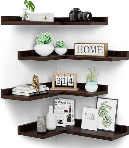 4 Tier Floating Corner Shelves Set of 4, Rustic Pine Wooden Floating Corner Wall Shelf for Wall Décor Storage, L Shaped Corner Shelf Wall Mount for Bedroom, Living Room, Bathroom, Kitchen, Red Brown.