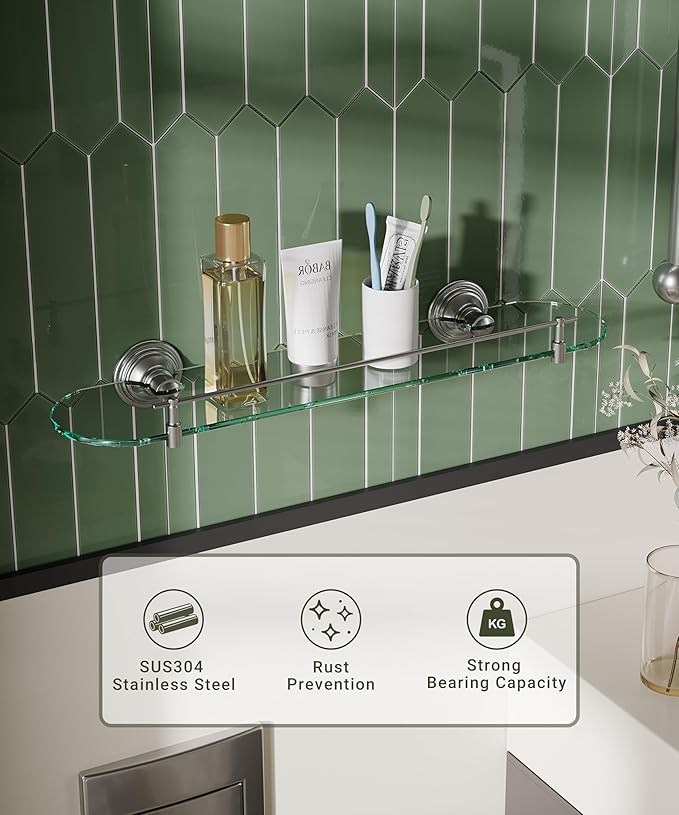 20inch Glass Shelf for Bathroom, Brushed Nickel Bathroom Glass Shelves Wall Mounted, Stainless Steel Floating Glass Shelves Modern
