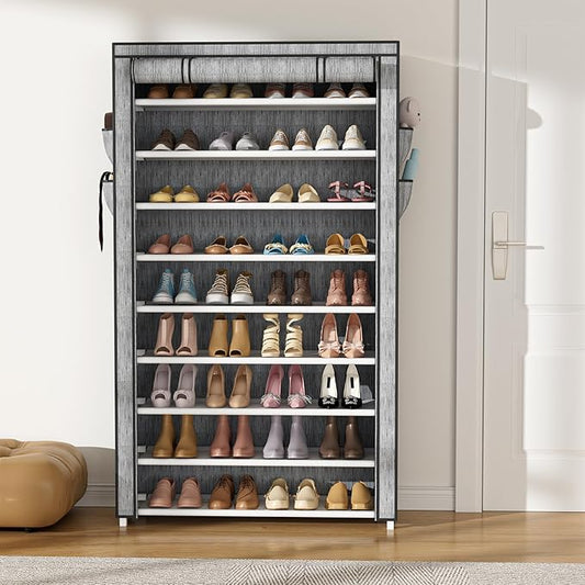 Shoe Rack with Cover Narrow Shoe Organizer with Pockets 10 Tier Tall Shoe Storage Holds 36-41 Pairs Shoes and Boots Shoe Rack for Closet Entryway Garage, Printing