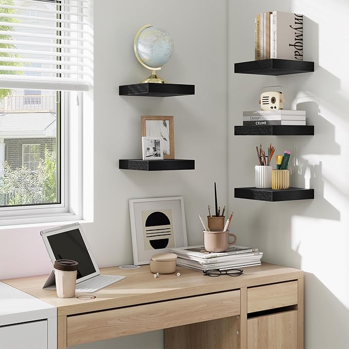 fuqing Floating Shelves for Wall, Wall Mounted Wood Floating Shelf with Invisible Brackets for Living Room, Bathroom, Bedroom, Kitchen Storage and Decor,6.5 Inch Set of 3, Black