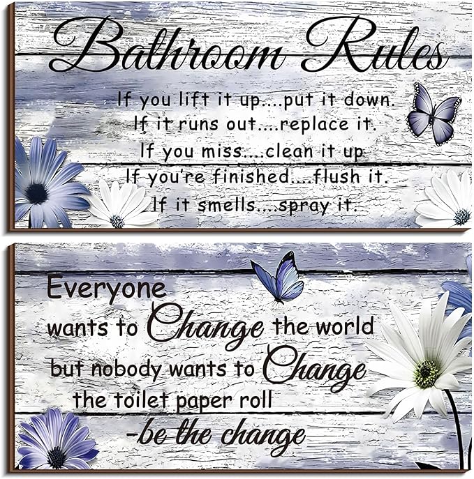 Jetec 2 Pieces Funny Bathroom Signs Bathroom Wall Decor Toilet Wall Accessories Farmhouse Toilet Rustic Wooden Signs, 12x6 Inch(Purple Daisy Style)