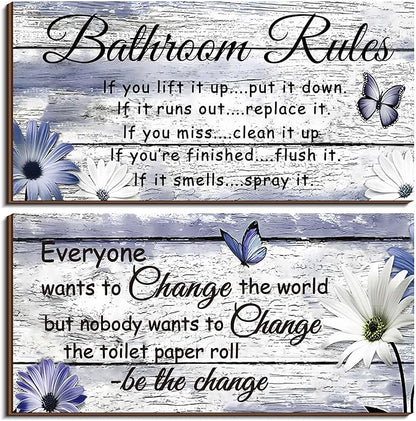 Jetec 2 Pieces Funny Bathroom Signs Bathroom Wall Decor Toilet Wall Accessories Farmhouse Toilet Rustic Wooden Signs, 12x6 Inch(Purple Daisy Style)