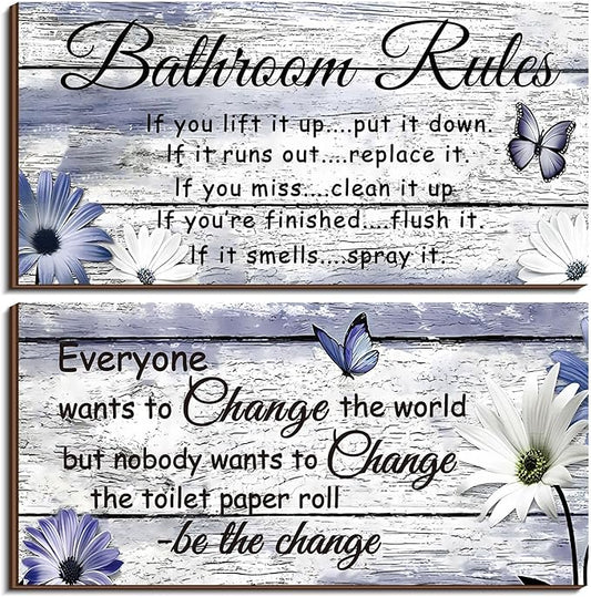 Jetec 2 Pieces Funny Bathroom Signs Bathroom Wall Decor Toilet Wall Accessories Farmhouse Toilet Rustic Wooden Signs, 12x6 Inch(Purple Daisy Style)