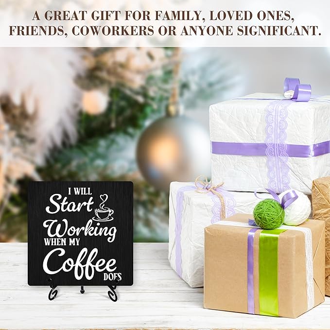 Coffee Sign Desk Decor, I Will Start Working When My Coffee Does Sign With Iron Stand, Wood Plaque For Farmhouse Home Kitchen Cafe Bar -05