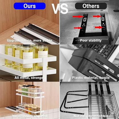 Pull Out Spice Rack Organizer for Cabinet, 2 Tier Metal Slide Out Seasoning Organizer and Storage Heavy Duty Vertical Spice Rack Shelf Pullout for Kitchen Cabinets No Drilling(1 Pack, White)