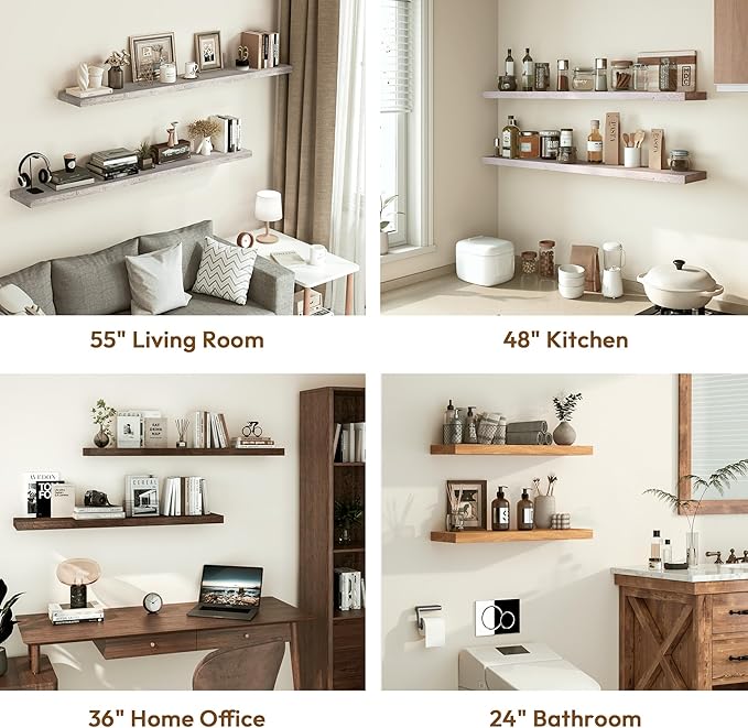 Vivelove Elm Wood Floating Shelves, Wooden Shelves for Wall with Invisible Bracket for Living Room Bedroom Bathroom Office Book, Rustic Farmhouse Display Shelf, 48 Inch Set of 1- Grey