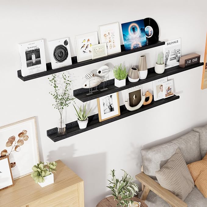 RICHFOCUS Floating Shelves for Wall, 55 inch Solid Wood Picture Ledge Shelf for Wall Storage, Nursery Book Shelves with Lip for Living Room Bathroom Bedroom Kitchen, Set of 3, Distressed Black