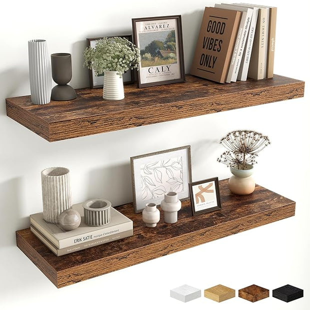 Fun Memories Floating Shelves for Wall, 30 Inch Long Floating Shelves Set of 2, 30 x 10 Wooden Shelves for Wall, Large Storage Shelves, Hanging Shelves for Bathroom Kitchen Bedroom, Rustic Brown