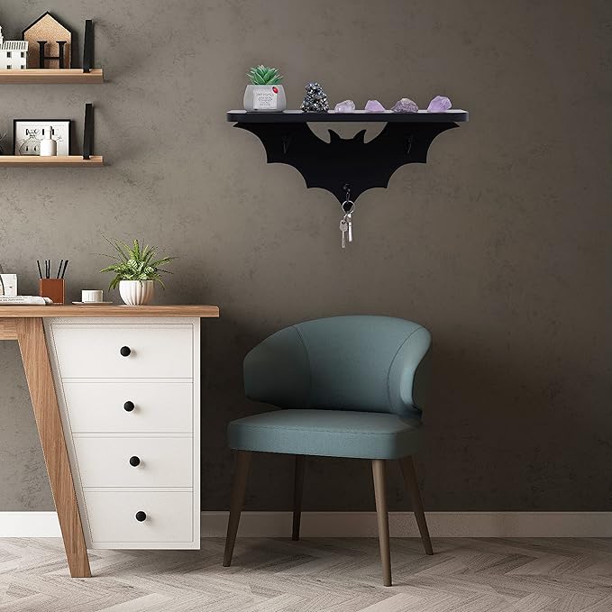 Bat Shelf Floating Shelves for Wall,15.5 inch Wall Shelf with 3 Key Hooks,Black Shelves for Living Room Bedroom Kitchen Gothroom