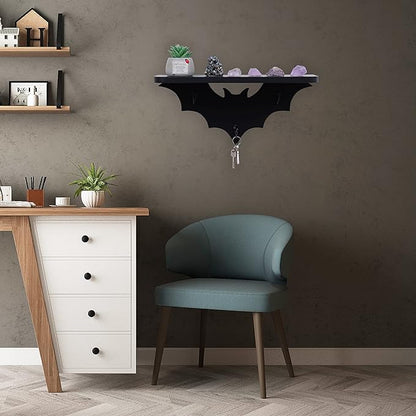 Bat Shelf Floating Shelves for Wall,15.5 inch Wall Shelf with 3 Key Hooks,Black Shelves for Living Room Bedroom Kitchen Gothroom