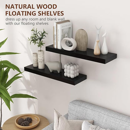 fuqing Black Floating Shelves | 24 Inch Wood Floating Shelves for Wall Set of 2 | 24" W x 6.7" D x 1.4" H Rustic Black Wooden Shelves for Bathroom Living Room Bedroom Kitchen