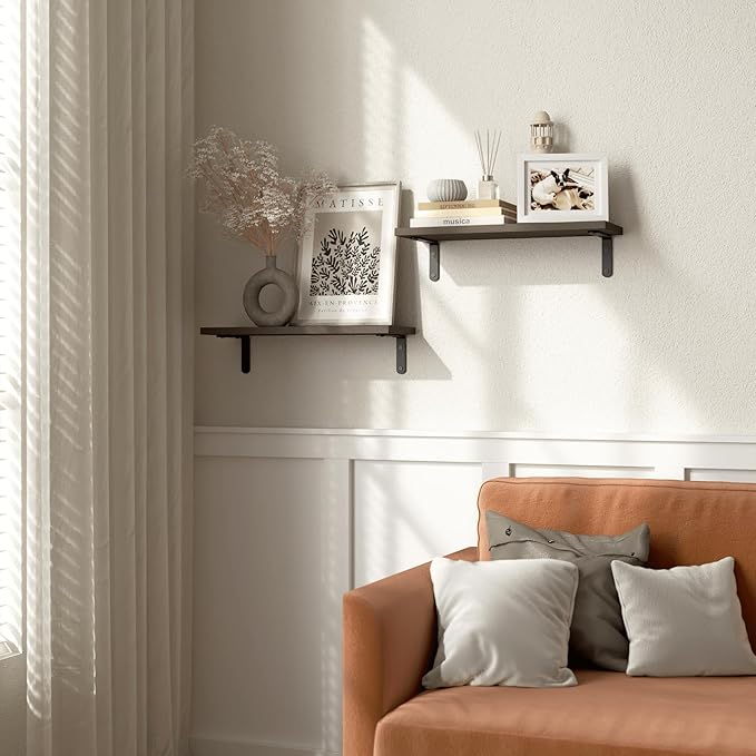 RICHER HOUSE Floating Shelves for Décor, Rustic Wood Wall Shelves for Bedroom Set of 2, Farmhouse Shelf for Bathroom, Hanging Shelves for Storage, Wall Mounted - Deep Brown