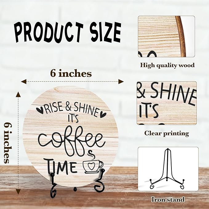 Coffee Desk Decor Sign, Farmhouse Wood Plaque, It Is Coffee Time Wood Sign, Cafe Lover Gifts, Decor For Home Kitchen Table Top, Wooden Round Decorations With Stand-15